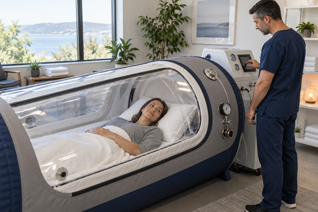 Patient Receiving Hyperbaric Oxygen Therapy In A Modern Clinic.