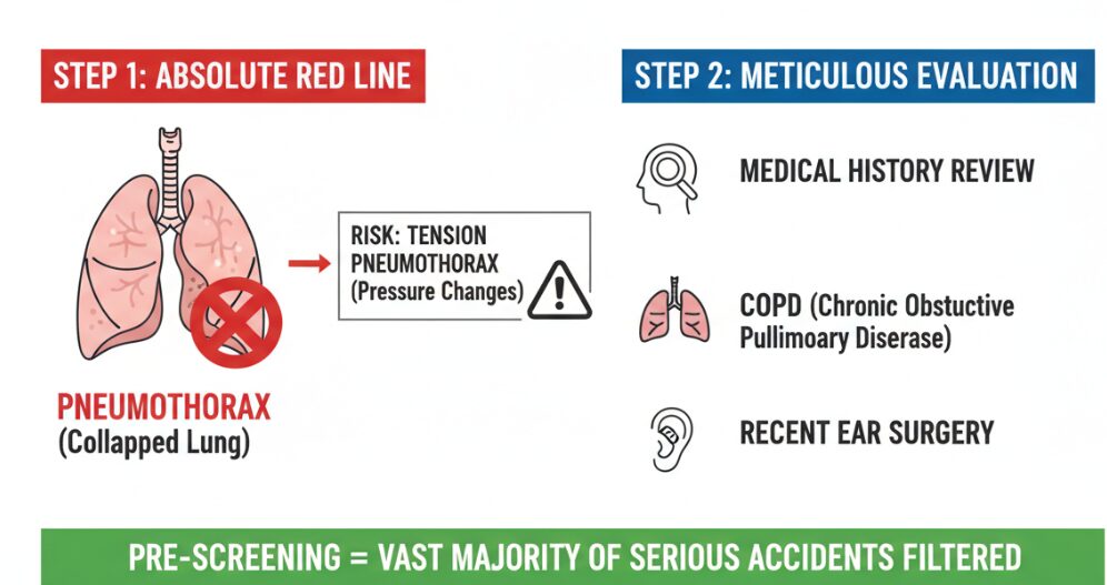 Before undergoing hyperbaric oxygen therapy, strict pre-treatment screening and assessment of contraindications will be performed.