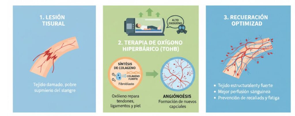 La terapia de oxígeno hiperbárico ayuda con el colágeno y la angiogénesis.