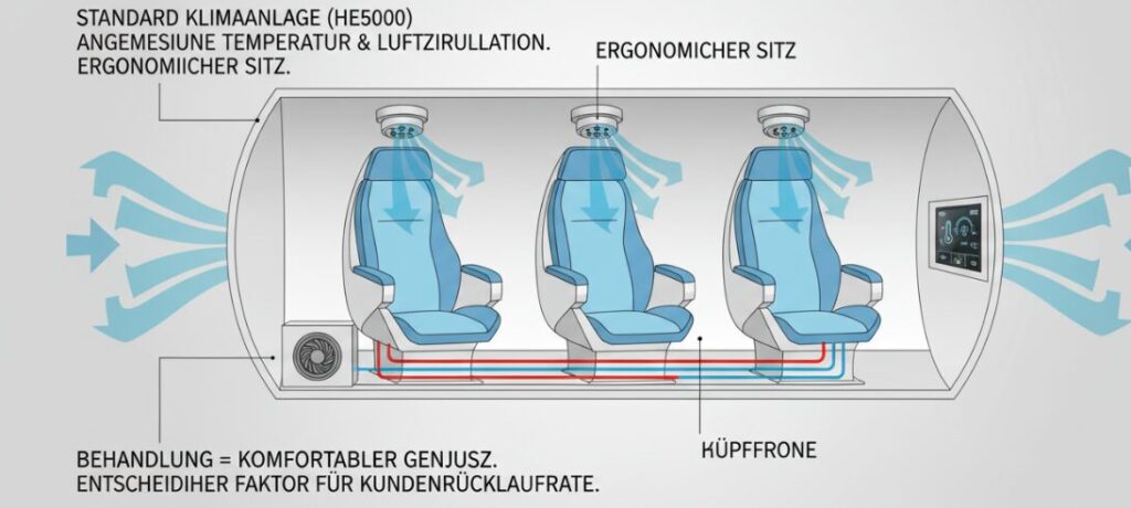 Chambre hyperbare HE5000 pour 2 à 3 personnes, dotée d'un système convivial de contrôle du confort et de la température.