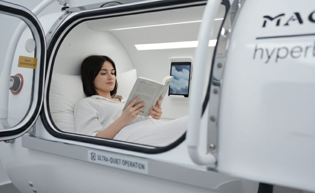 Una persona dentro de la cámara hiperbárica Hp1501-85 1.5ata Single Slim