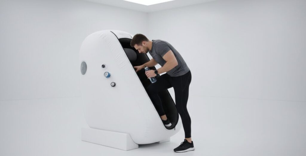 The athlete enters the hibernation pod.