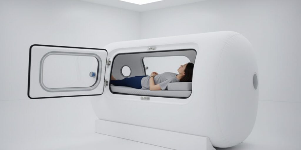 A woman lying in a stasis pod