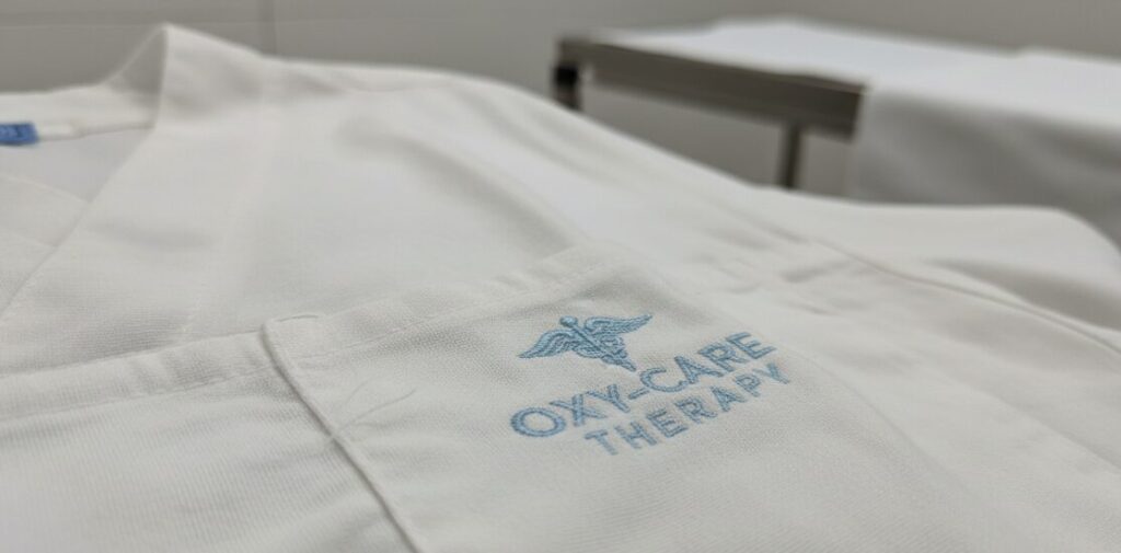 Cotton surgical gown, specifically designed for hyperbaric oxygen therapy.