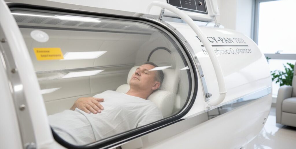 患者はキャビン内でリラックスした状態にある。.