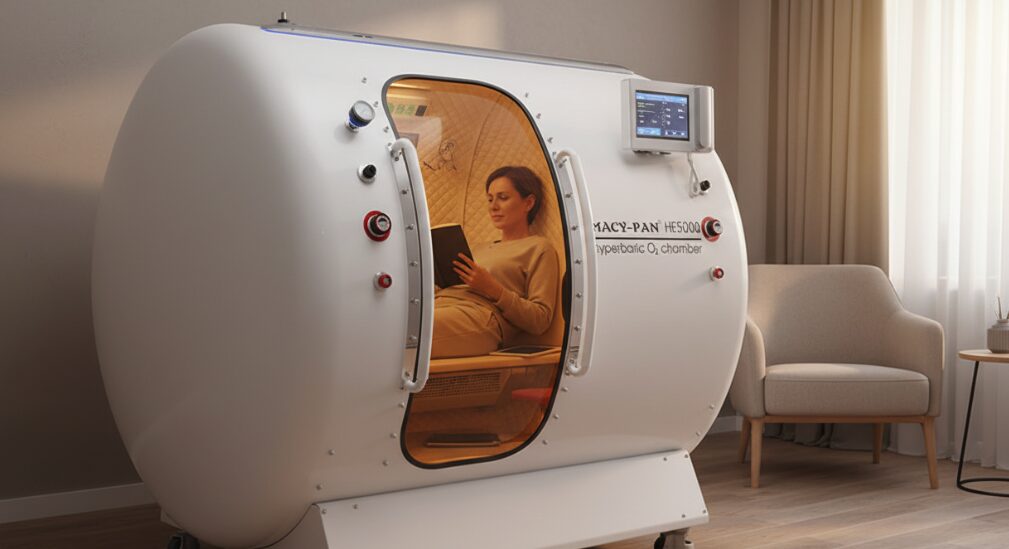 A person reading comfortably inside a hyperbaric oxygen chamber.