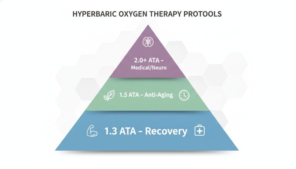 an infographic of a 3-tier pyramid. Bottom: 1.3 ATA – Recovery. Middle: 1.5 ATA – Anti-Aging. Top: 2.0+ ATA – Medical/Neuro