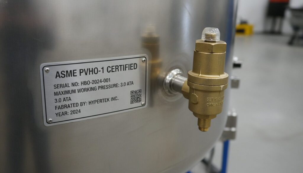 Actual photos of the ASME PVHO-1 certification nameplate and the safety valve on the steel hyperbaric chamber.