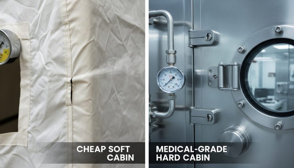 a high-contrast picture here. Left: Close-up shows a cheap soft cabin with a tight seam and leaking air. Right: Close-up of the tight metal structure of the medical-grade hard cabin.