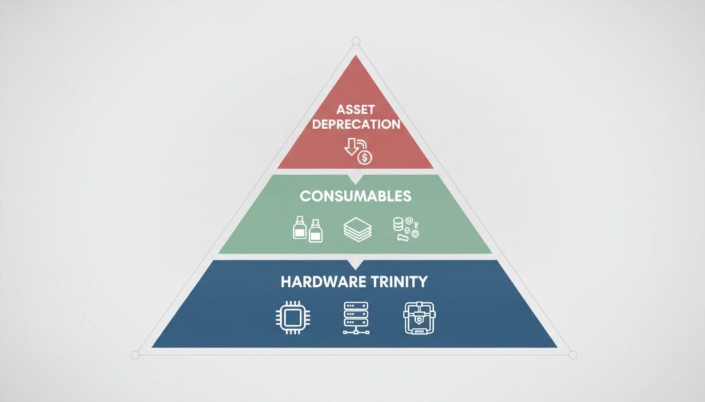 a custom-designed pyramid graphic. Base: Hardware Trinity. Middle: Consumables. Top: Asset Depreciation.