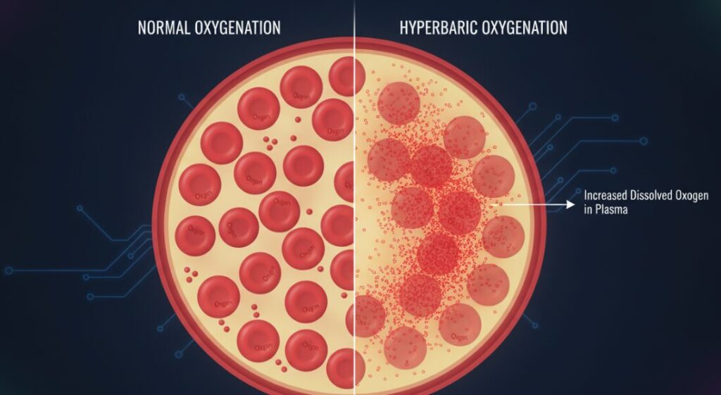 An infographic showing a cross-section of a blood vessel. Left side: normal oxygenation attached to red blood cells. Right side: Hyperbaric state where oxygen is dissolved heavily into the yellow blood plasma itself. Label the difference clearly.