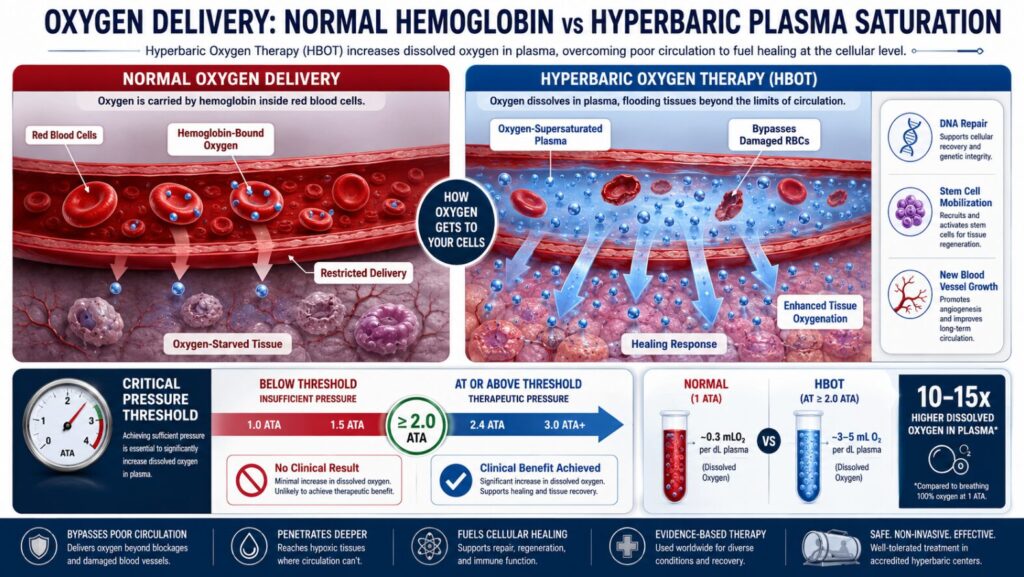 A diagram comparing Oxygen delivery via Hemoglobin (Normal) vs. Plasma Saturation (Hyperbaric