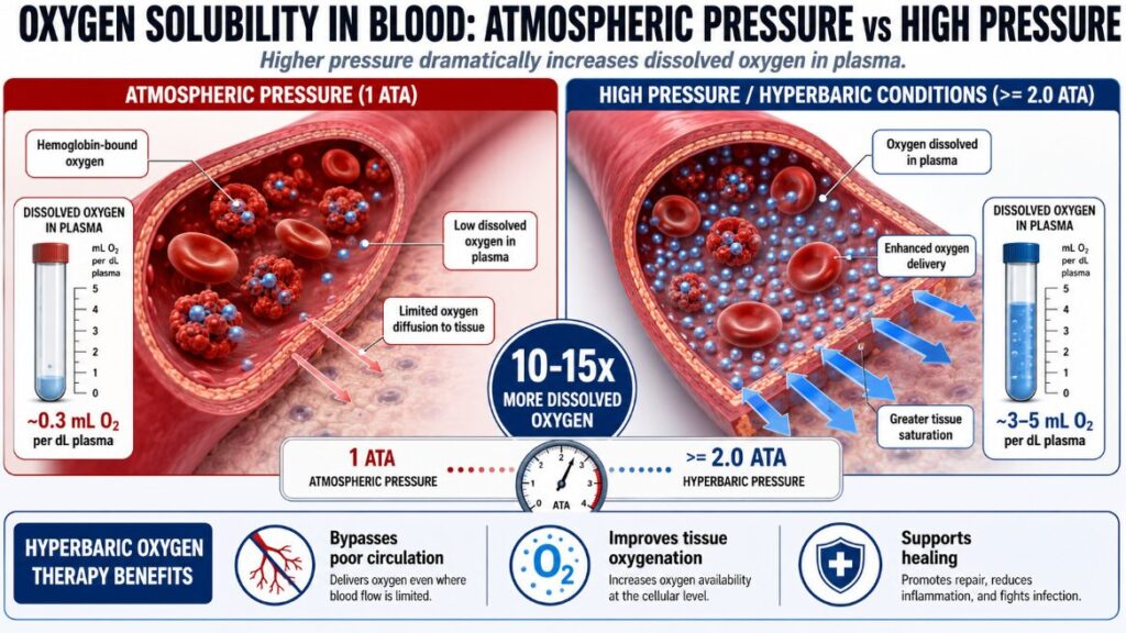 A high-definition infographic comparing the solubility of oxygen in blood at atmospheric pressure versus high pressure.