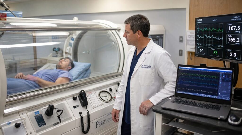 A real-time photo of a doctor observing the patient through the chamber window and monitoring TCOM data.