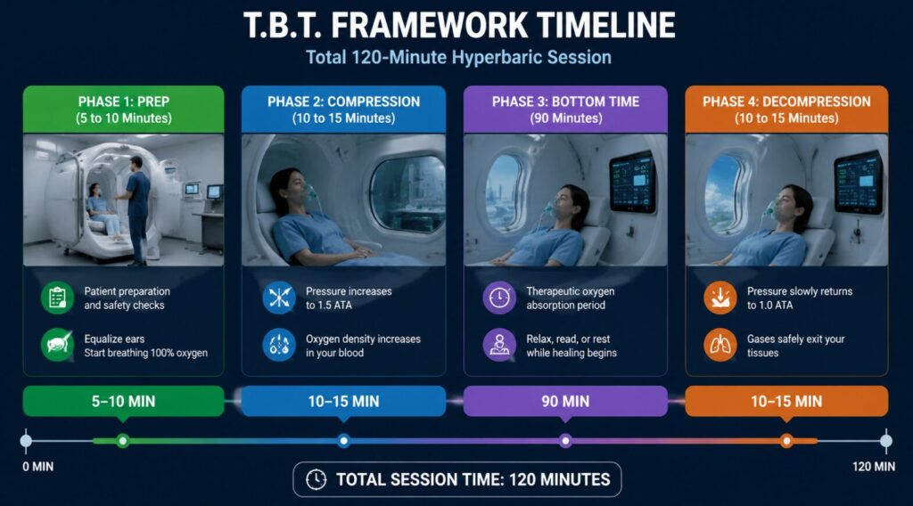 Insert an infographic of the T.B.T. Framework timeline, visually dividing a 120-minute block into Prep, Compression, Bottom Time, and Decompression phases