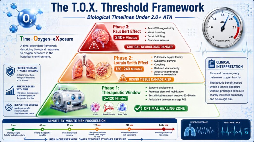 Insert an infographic of the T.O.X. Triangle showing the progression from Healing to Pulmonary Damage to CNS Seizures along a 240-minute timeline