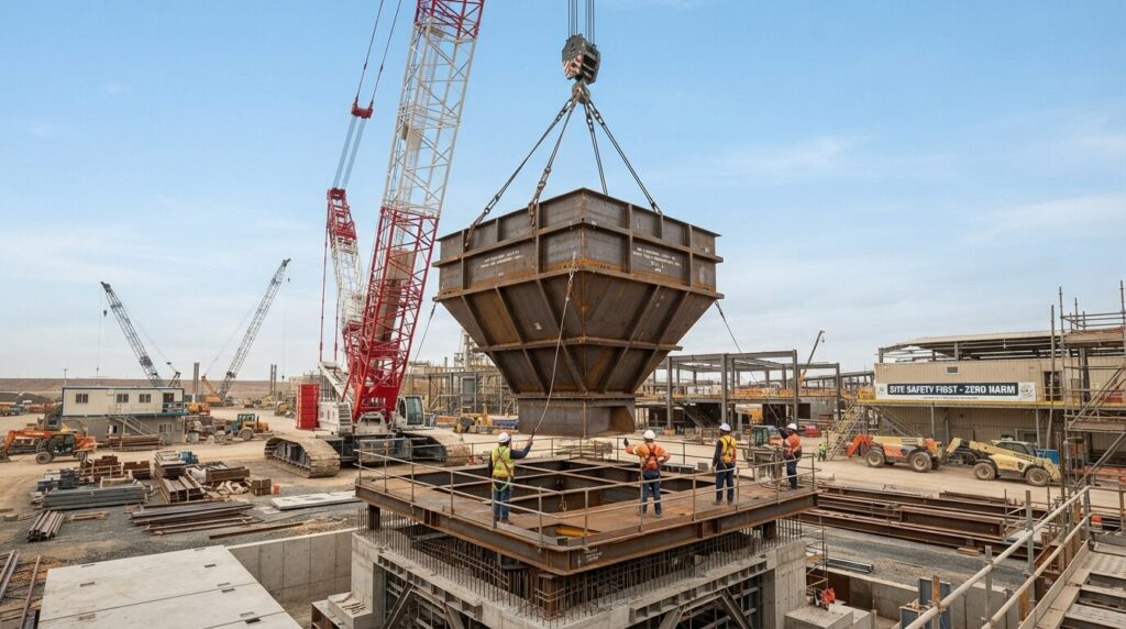 A Photograph Showing A Massive Steel Hopper Or Heavy-Duty Mining Structure Being Precisely Hoisted Into Position At A Construction Site.