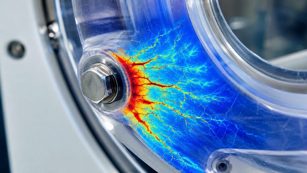 Insert a macro close-up image showing the thermal image of the micro-cracks on the edge of the acrylic flange after 10,000 pressure cycles.