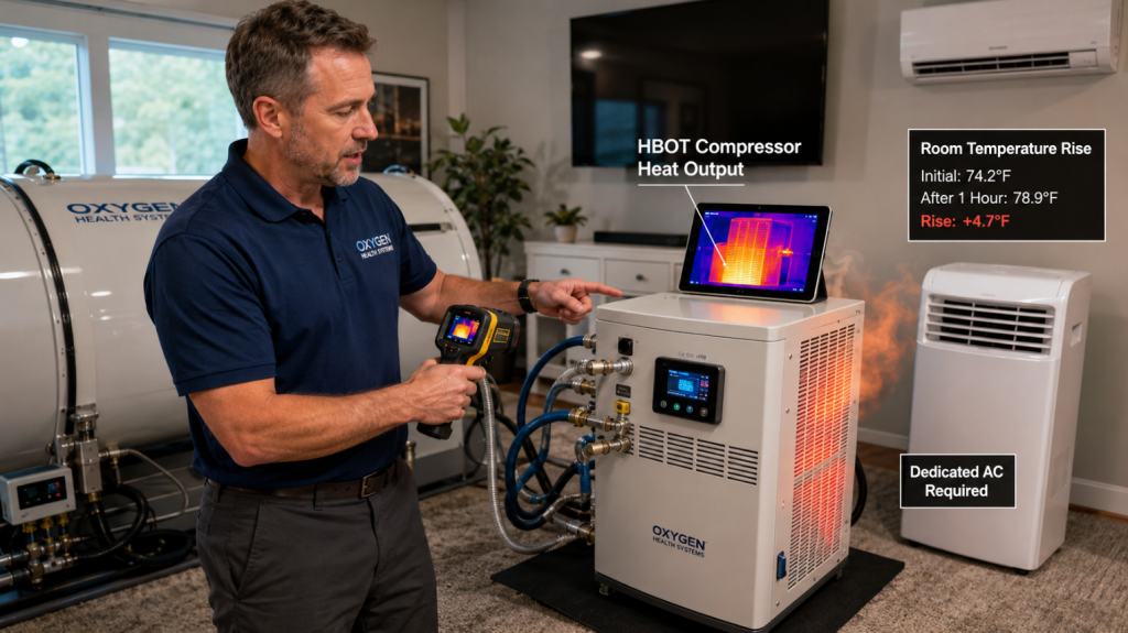 Insert a picture of a technician showing the heat output of a standard home HBOT compressor and demonstrating why dedicated AC is necessary.