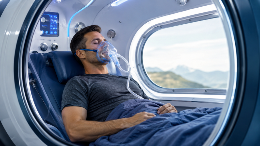 Insert a high-definition photo here showing the interior of a hyperbaric chamber, featuring a biohacker with a high-tech aesthetic using a non-rebreather mask. Image ALT tag: How to use a hyperbaric chamber for biohacking.