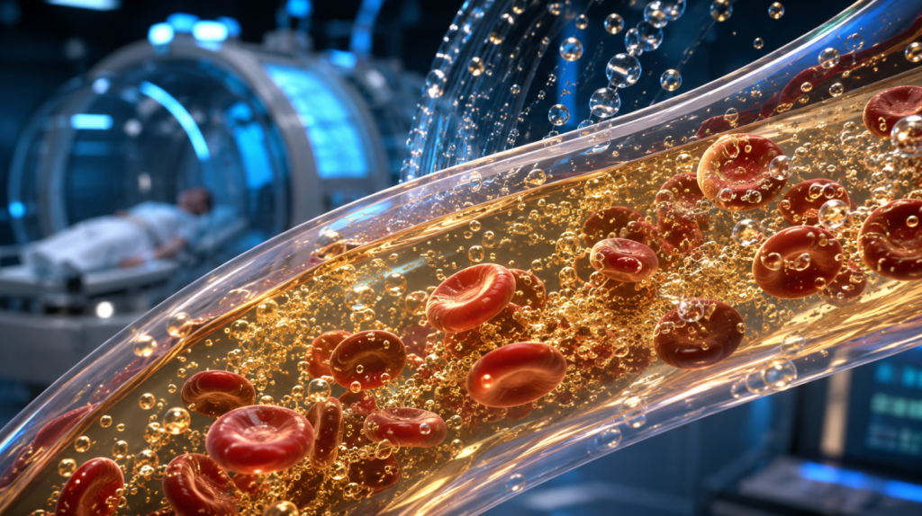 Insert a 3D animated picture short demonstrating the “sparkling water” analogy, showing oxygen molecules dissolving into blood plasma under pressure.