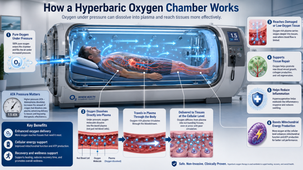 Insert a high-quality infographic here showing a human body inside a hyperbaric oxygen chamber, using arrows to indicate how oxygen bypasses red blood cells and dissolves directly into the blood plasma.