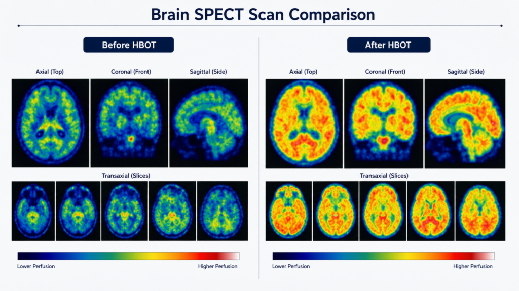 Displaying a comparison of brain SPECT scans before and after HBOT treatment.