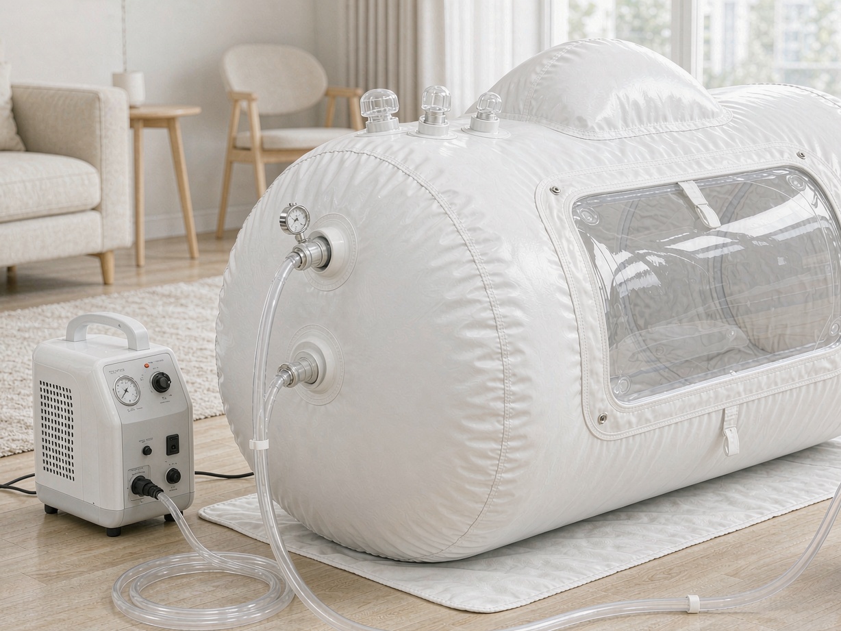 Soft shell hyperbaric chamber with oxygen system in a home