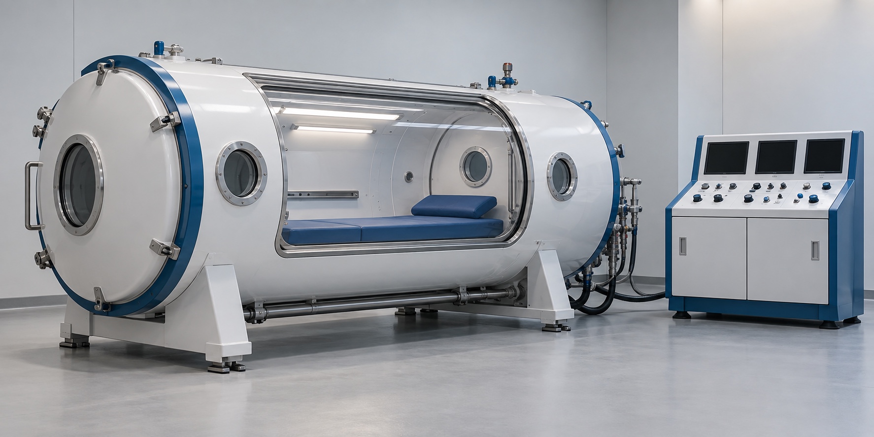 Concept image of a rigid hyperbaric chamber and external control console