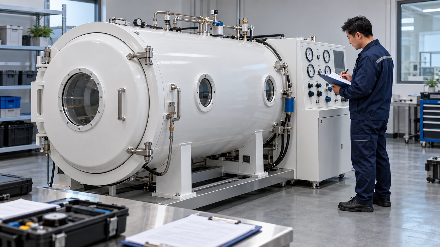 Concept image of a rigid hyperbaric chamber undergoing pre-purchase inspection