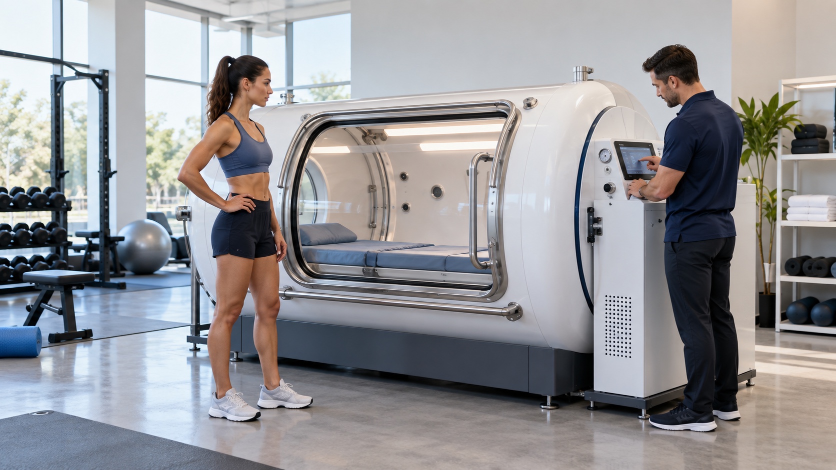Athlete and operator reviewing a sports hyperbaric chamber setup