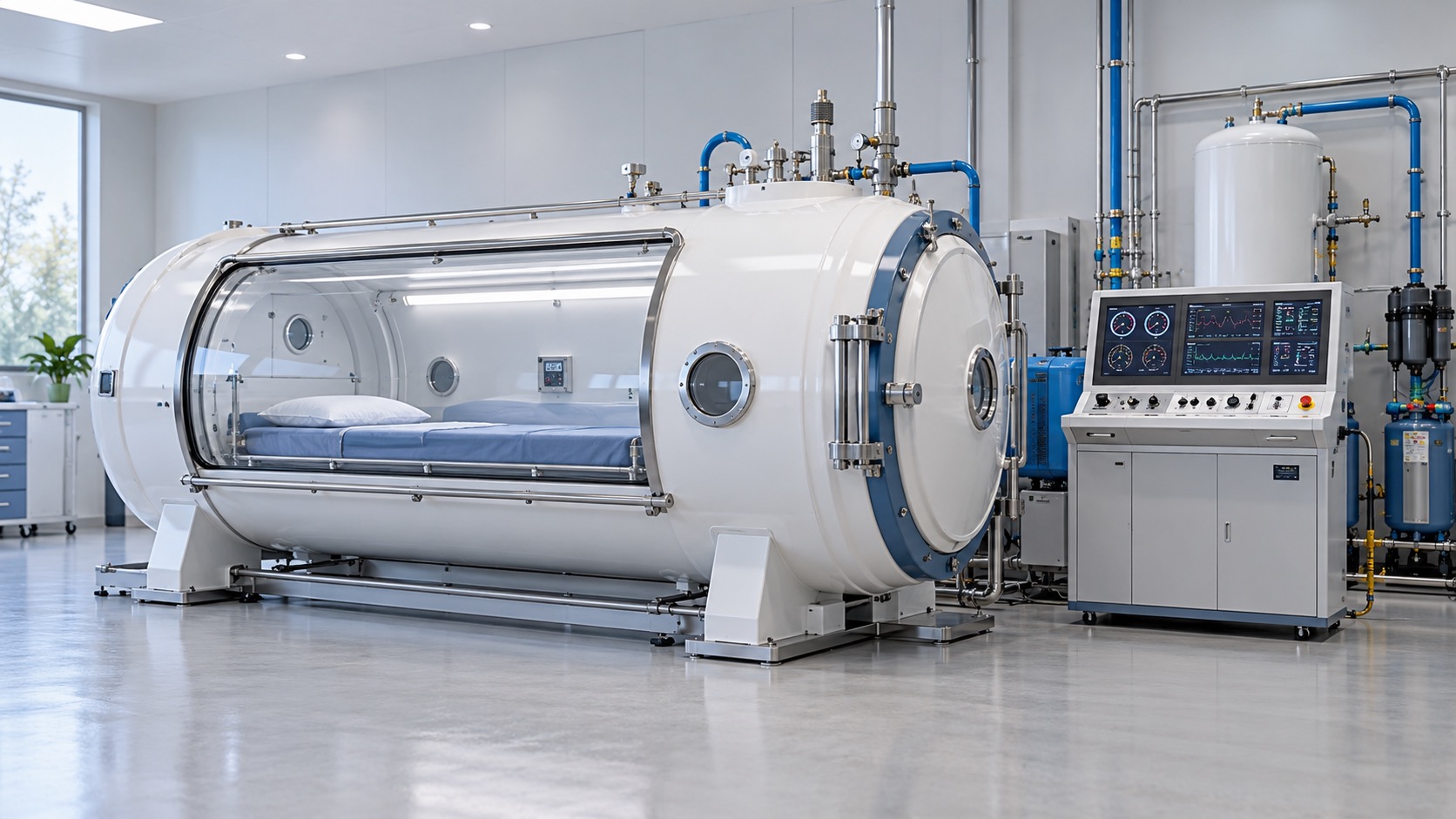 Concept image of a whole-body hyperbaric oxygen chamber and external control system